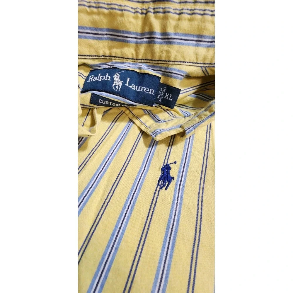 Polo Ralph Lauren Men XL‎ Dress Shirt Yellow Blue Stripe Custom Fit Button Up